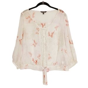 EXPRESS Coral Pink Butterfly Print Button Front Tie Lace White Semi Sheer Top M